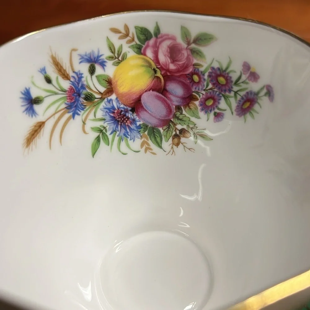 EB Foley footed Green and Gold with Fruits bone china Tea cup matching Saucer